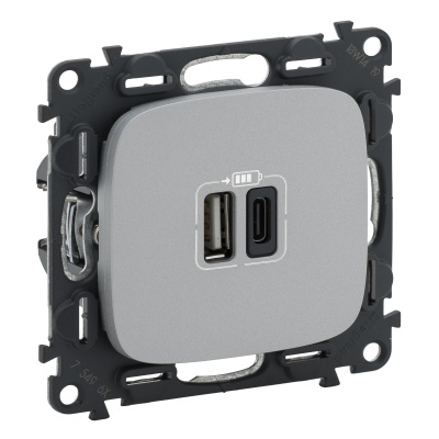 Legrand Valena ALLURE, Алюминийиний, зарядное устройство с двумя USB разъемами A-C 754967 