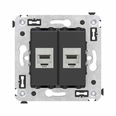 DKC Компьютерная розетка RJ-45 без шторки в стену, кат.6А двойная экранированная, "Avanti", "Черный матовый" 