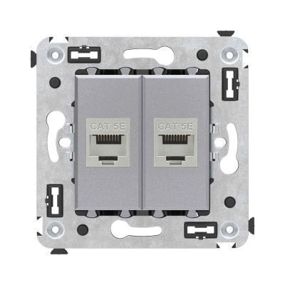 DKC Компьютерная розетка RJ-45 без шторки в стену, кат.5e двойная экранированная, "Avanti", "Закаленная сталь" 
